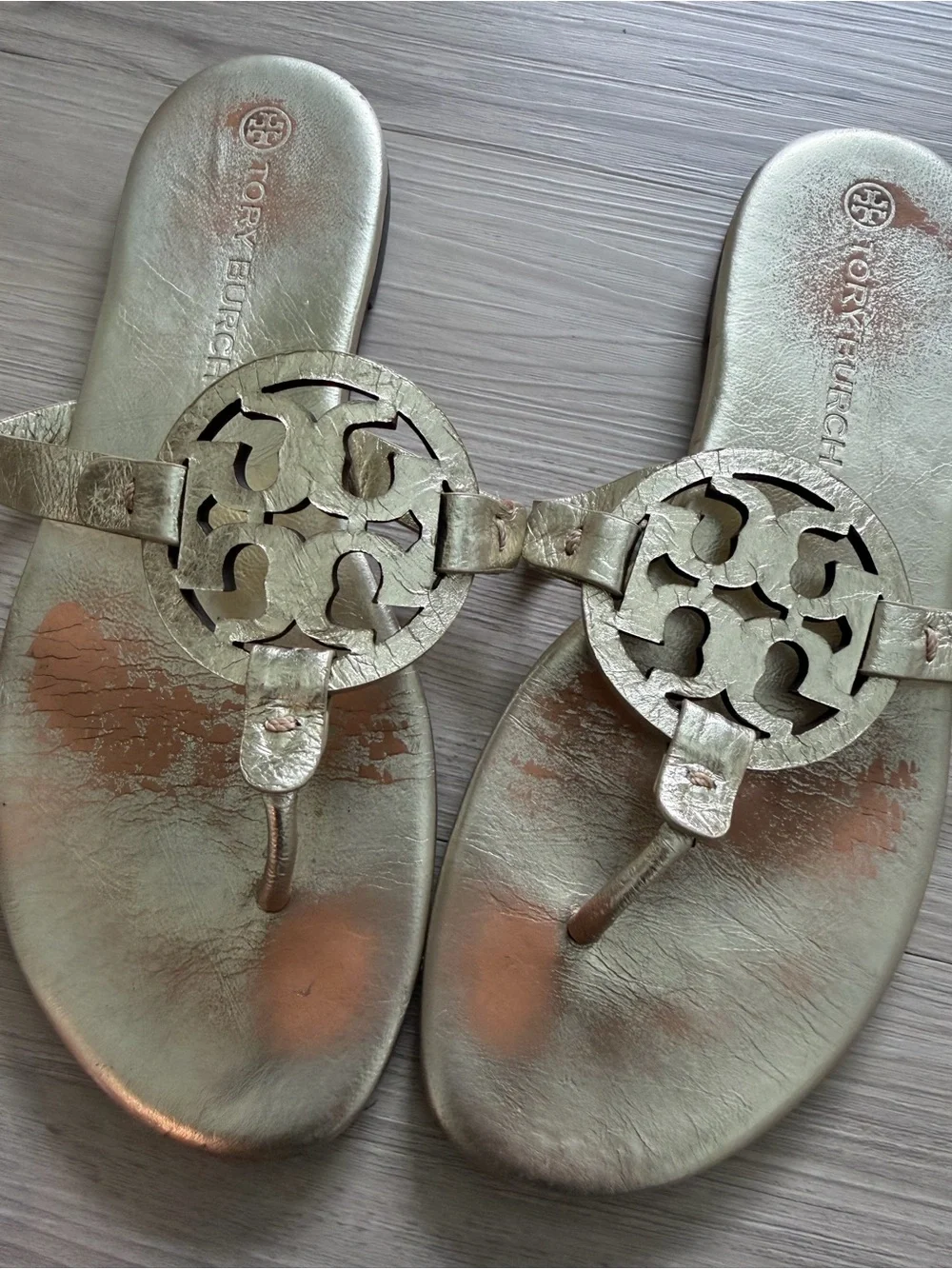 Tory Burch Metallic Gold Logo Thong Sandals